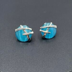 DOBBS 925 PE‎ Sterling Silver Blue Stone Cabochon Pierced Earrings Vintage 5/8"